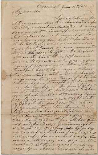 Letter from Henry Obookiah, sent from Cornwall, Connecticut, to Samuel Wells, Jr. of Greenfield, Massachusetts, dated 16 June 1817, page 1. Gustave R. Sattig Collection (MS 1429), Box 1, folder 17. Manuscripts and Archives, Yale University Library. Letter from Henry Obookiah, sent from Cornwall, Connecticut, to Samuel Wells, Jr. of Greenfield, Massachusetts, dated 16 June 1817, page 1. Gustave R. Sattig Collection (MS 1429), Box 1, folder 17. Manuscripts and Archives, Yale University Library.