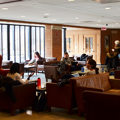 Students studying in Bass Library near windows