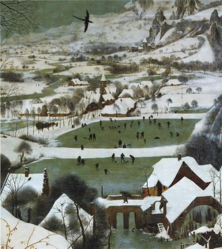 Pieter Bruegel, I. Hunters in the Snow: Detail of ice skating and curling. 1565