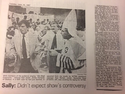 News clipping from an unknown paper documenting the Ku Klux Klan in New Haven for the taping of Sally Jesse Raphael Show, 1987 June 16. Mary Johnson Papers (MS 2050), Box 15, folder 12. News clipping from an unknown paper documenting the Ku Klux Klan in New Haven for the taping of Sally Jesse Raphael Show, 1987 June 16. Mary Johnson Papers (MS 2050), Box 15, folder 12.