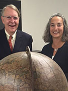 Stephen F. Gates ’68 and Susan Gibbons are pictured in 2015 with one of Yale’s rare 1699 Vincenzo Coronelli globes.
