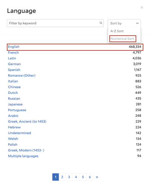 Image of facet modal with numerical sort chosen