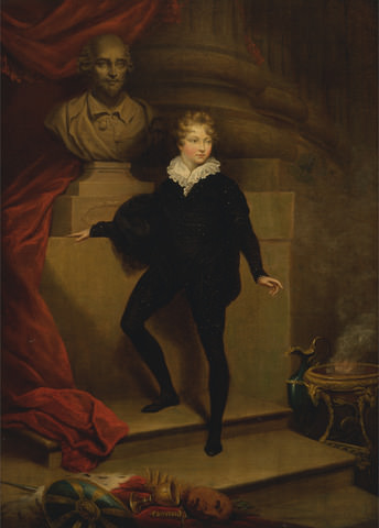Painting of Master Betty as Hamlet, before a bust of Shakespeare by James Northcote