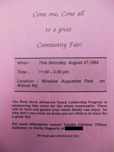 Come one, come all to a great Community Fair! Handout for a 1994 community fair in Winslow Augustine Park, New Haven