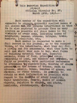 Hiram Bingham III, notebook of general orders, circulars, and reference notes, 1914-1915. Yale Peruvian Expedition Records (MS 664), Box 20, Folder 36, in Manuscripts and Archives
