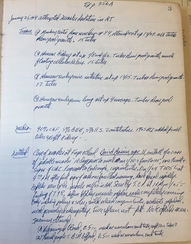 Measles lab notebook entry for January 25, 1954. John Franklin Enders Papers (MS 1478), Series III, Box 102, Folder 5. Measles lab notebook entry for January 25, 1954. John Franklin Enders Papers (MS 1478), Series III, Box 102, Folder 5.