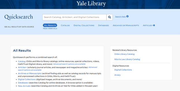 Screenshot of the Quicksearch search box, with various data sources available