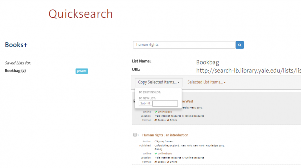 Creating a List from Bookbag Using Quicksearch