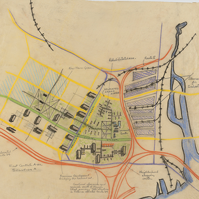 hand-drawn map showing proposed Wooster Square redevelopment in New Haven. 