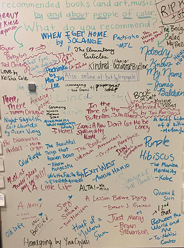 whiteboard surface covered with handwritten book titles