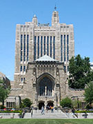 External view of the Sterling Memorial Library on a sunny day.