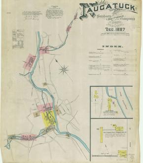 1887 Insurance map of Naugatuck, Connecticut, showing L&W Ward Curtain and Screw Rings, and the Connecticut Rubber Mfg. 