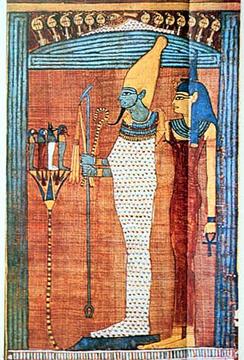 Osiris was associated with mortuary affairs. This picture is a good prototypical depiction of how Osiris usually appeared in Egyptian iconography. He is often shown in wrappings like a mummy, carrying the crook and flail and donning the White Crown of Upper Egypt, as he is shown here. 