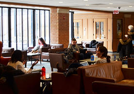 Students studying in Bass Library near windows