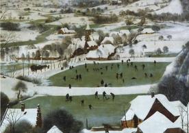 Pieter Bruegel, I. Hunters in the Snow: Detail of ice skating and curling. 1565