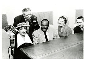 Catherine Basie, Hugues Panassie, Count Basie, Helen Oakley Dance, and Stanley Dance. Paris, 1956. MSS 62, Box 41.