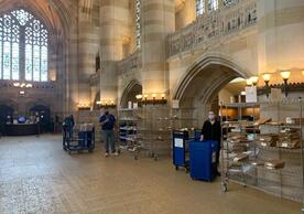Library staff with books carts and racks of bagged library material in Sterling Library nave