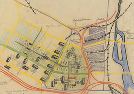 hand-drawn map showing proposed Wooster Square redevelopment in New Haven. 