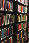 diagonal view of bookshelves filled with books