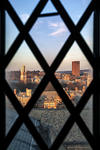 Campus view through diamond-paned window