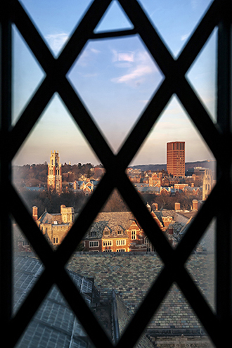 Campus view through diamond-paned window